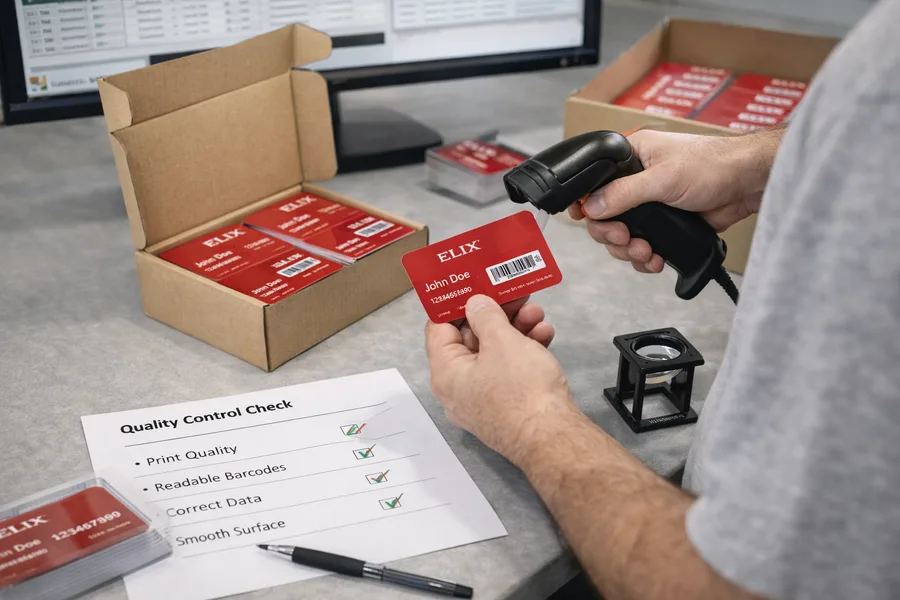 Operator scanning the barcode of a personalised PVC card against a quality control checklist before dispatch