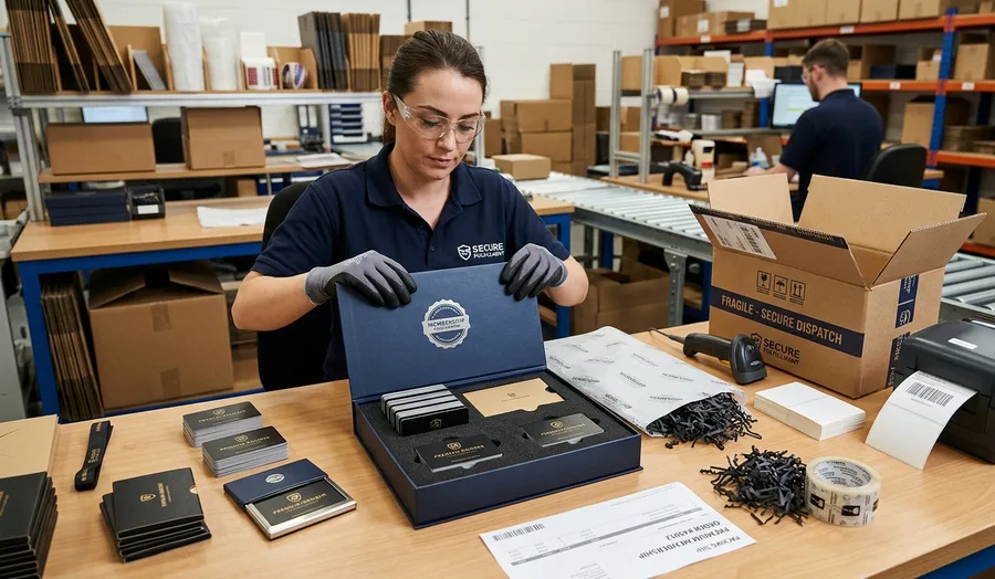 Operator packing personalised PVC membership cards into a presentation box next to a labelled shipping carton