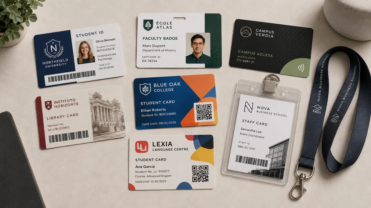Custom PVC staff, student and library cards, an NFC campus access card and a printed lanyard for organisations in the Netherlands
