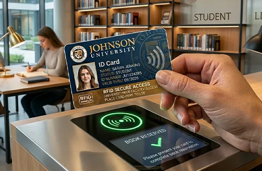 Student card with contactless RFID and NFC for campus gates and turnstile access