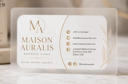 Opaque white ink printing on transparent PVC business card for text legibility against any background