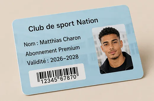 PVC sports club membership card with personalised photo, member name, unique number and unique barcode printed as variable data