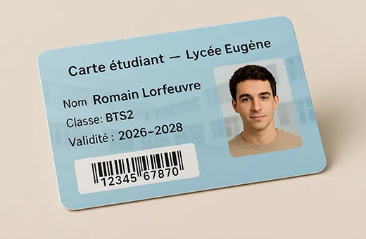 Student card with photo and academic data printed directly from SIS database