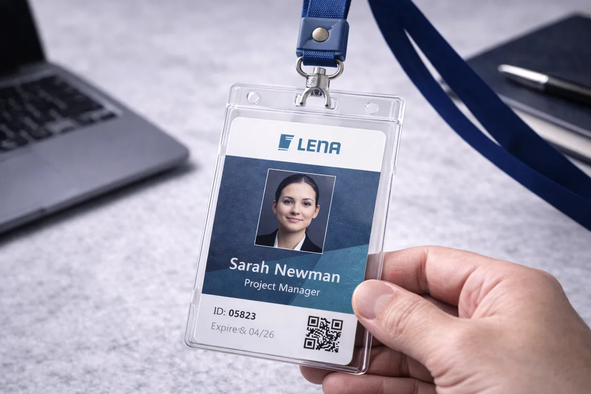 Badge salarié nominatif avec photo, nom, fonction, numéro d'identification, date d'expiration et QR code, tenu dans un étui rigide transparent