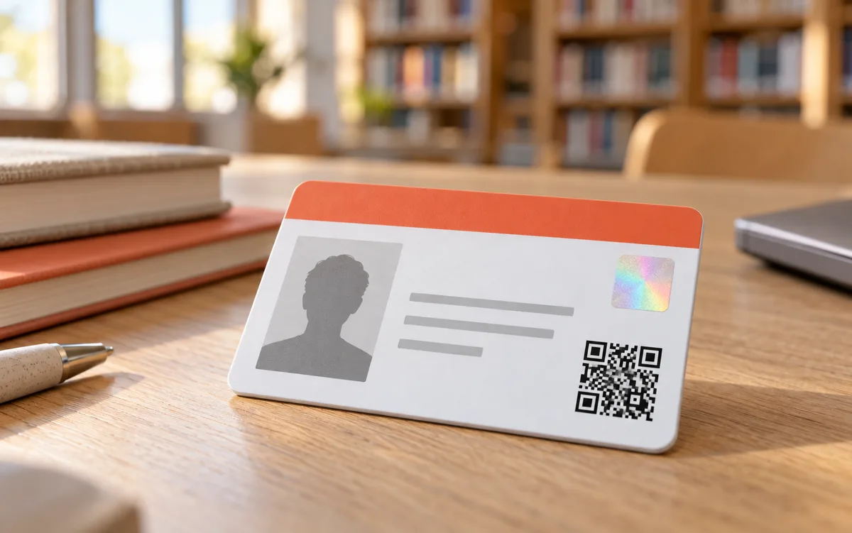 Printed PVC student ID card with a photo zone, three data lines, a colour band and a QR code, standing on a library desk