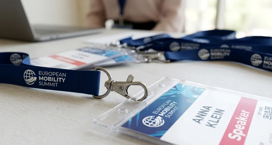 Named speaker badge in a clear holder with a printed lanyard for a European trade fair