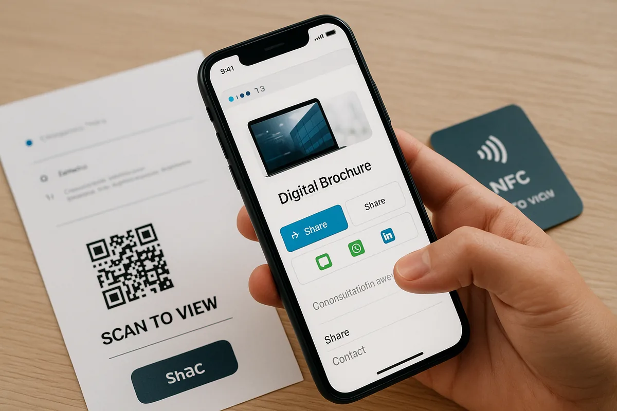 Main présentant un QR code de fidélité sur l'écran d'un téléphone, à côté d'une carte sans contact posée sur un comptoir